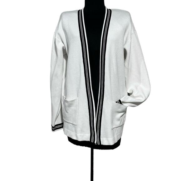 IZOD Open Cardigan Size Medium White‎ Ivory Cream Black Stripe - Picture 1 of 10